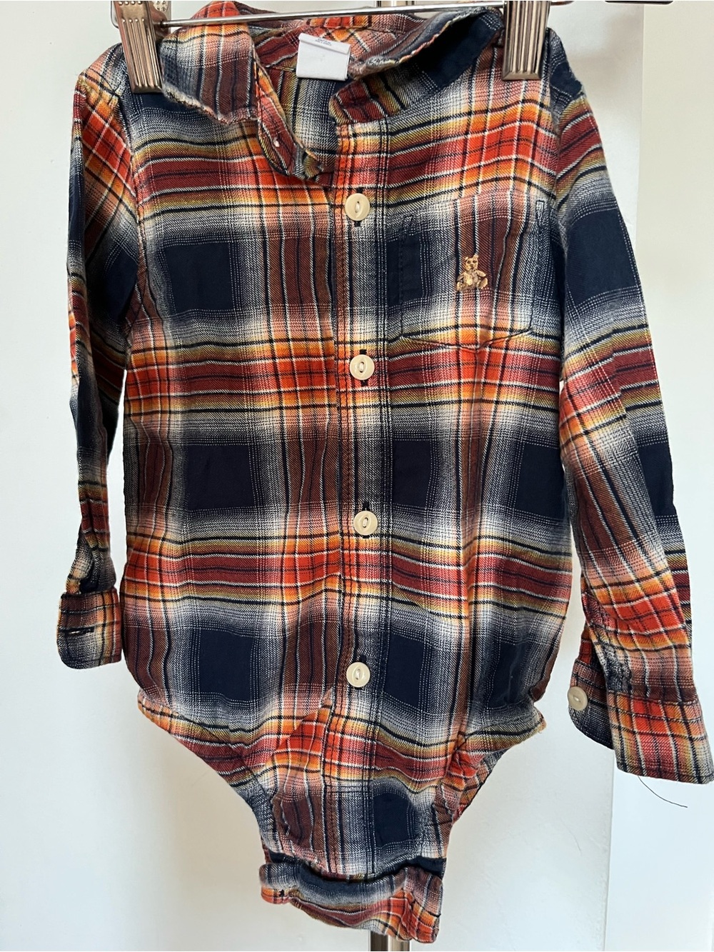 Baby GapPlaid Button-Front Boys' Long-Sleeve Bodysuit - Navy & Orange 18 months